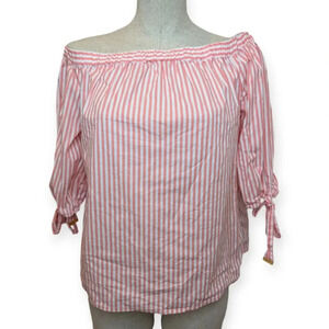 Michael Kors Blouse Peach Stripes Off Shoulder Gold Charm Ties  Woman Medium